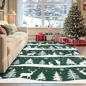 Garvee 5x7 Area Rugs for Living Room, Christmas Rugs with Xmas Tree Reindeer Snowflake for Holiday Decor, Non Slip Low Pile Washable Rug for Dining Room, Bedroom, Green