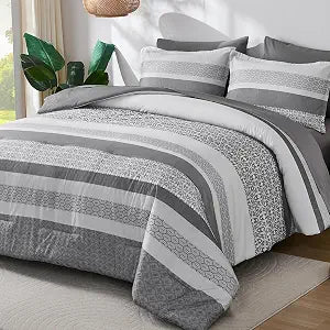 DJY Grey Comforter Set Queen Size,Boho Striped Queen Bed Set,7 Piece Patchwork Soft Microfiber Bedding Set for All Season(90"��90")