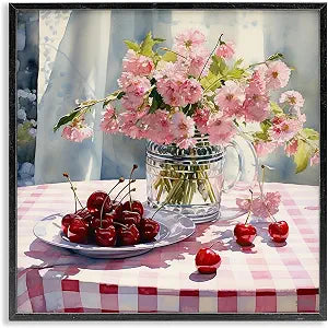 Spring Still Life Plaid Floral Fruit, 12 x 12 Inch Framed Gicle Print