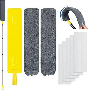 Qaestfy Under Appliance Cleaning Tool with Long Handle, 2 Reusable Microfiber Pads, 5 Disposable Dusting Cloths, Retractable Flat Gap Duster (30-63) for Behind Fridge, Washer, Bed, Furniture
