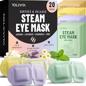TOLEVITA Steam Eye Mask, 20 Pack Self-Heating Disposable Warm Eye Masks for Relaxation & Comfort, Lavender, Mint, Jasmine & Chamomile Aromas, Spa Sleep Mask, Travel Essentials