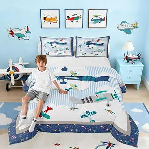 Kids Airplane Comforter Set Blue Sky and White Clouds Bedding Set for Kids Girls Women Adults Aviation Aircraft Comforter Modern Airplane Quilted Duvet Set Bedroom Collection Twin Size 2Pcs