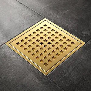 6" Square Shower Floor Drain with Flange, 304 Stainless Steel, Brushed Gold