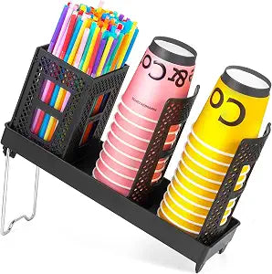 Cup and Lid Holder, Disposable Paper Cup Dispenser with Coffee Pod Straw Storage Basket, Countertop Coffee Cup Holder for Coffee Stations, Bars, Break Rooms, Living Rooms, Parties (Black)