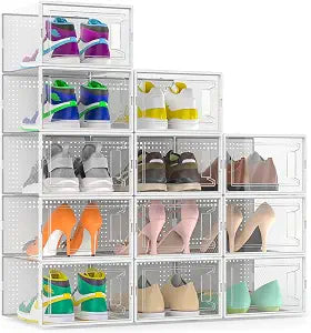 12 Pack Large Stackable Clear Plastic Shoe Storage Boxes Organizer, White