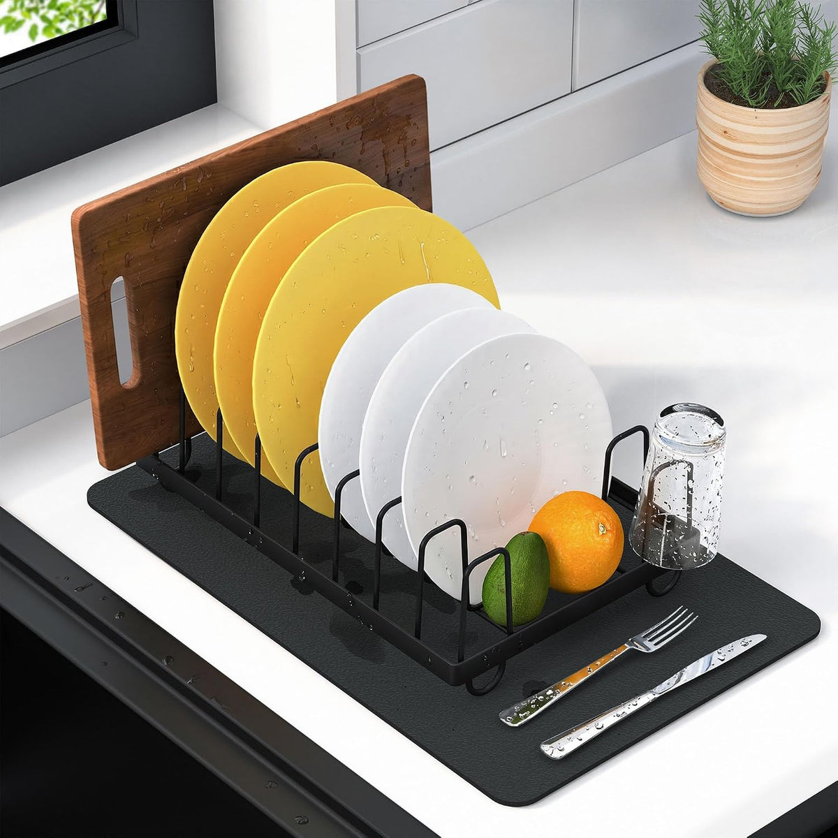 Compact Stainless Steel Dish Drainer & Dish Mat Set, Black