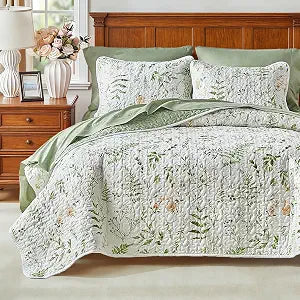 Floral Quilt Set 3 Piece Flower Quilt Sets Queen Size - Reversible Microfiber Quilt with 2 Shams Soft Breathable Botanical Bedding Spring Bedspread Coverlet Summer Comforter All Season Orange Green