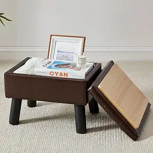 Storage Ottoman, Small Foot Stool Ottoman with Storage, Faux Leather Foot Rest with Wood Legs, Footstool for Living Room, Bedroom, Entryway, Brown