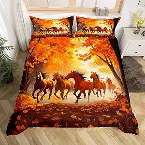 Running Horse Duvet Cover Set Queen Size,Fall Maples Leaves Bedding Set Kids Boys Girls Room Decor,Autumn Woodland Wildlife Comforter Cover 3Pcs,Animal Nature Scenery Bedspreads Cover,2 Pillowcases