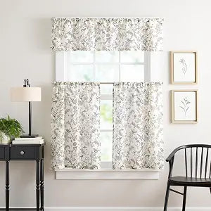 Curtainworks Hummingbird Tier & Valance Set 58 x 36 in Black White 3-Piece