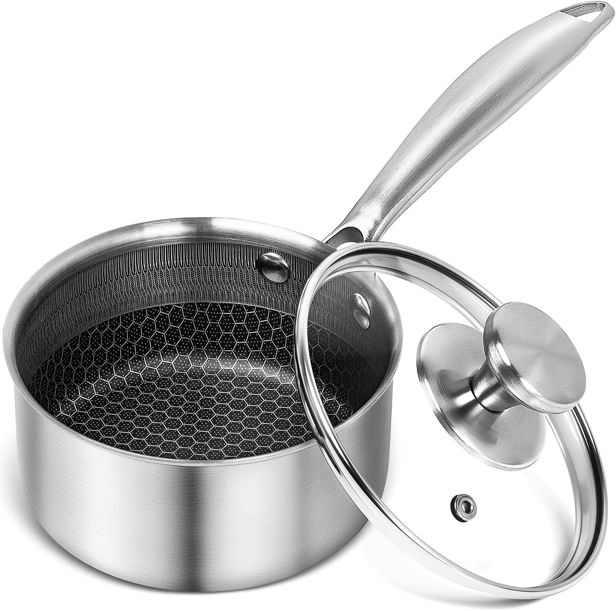 MICHELANGELO 1 Quart Saucepan with Lid, Premium Triple Ply Stainless Steel Sauce Pan with Lid, Small Saucepan with Honeycomb Interior - 1QT