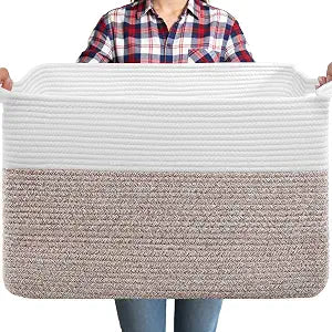 75L Large Blanket Storage Basket with Handles - White & Brown