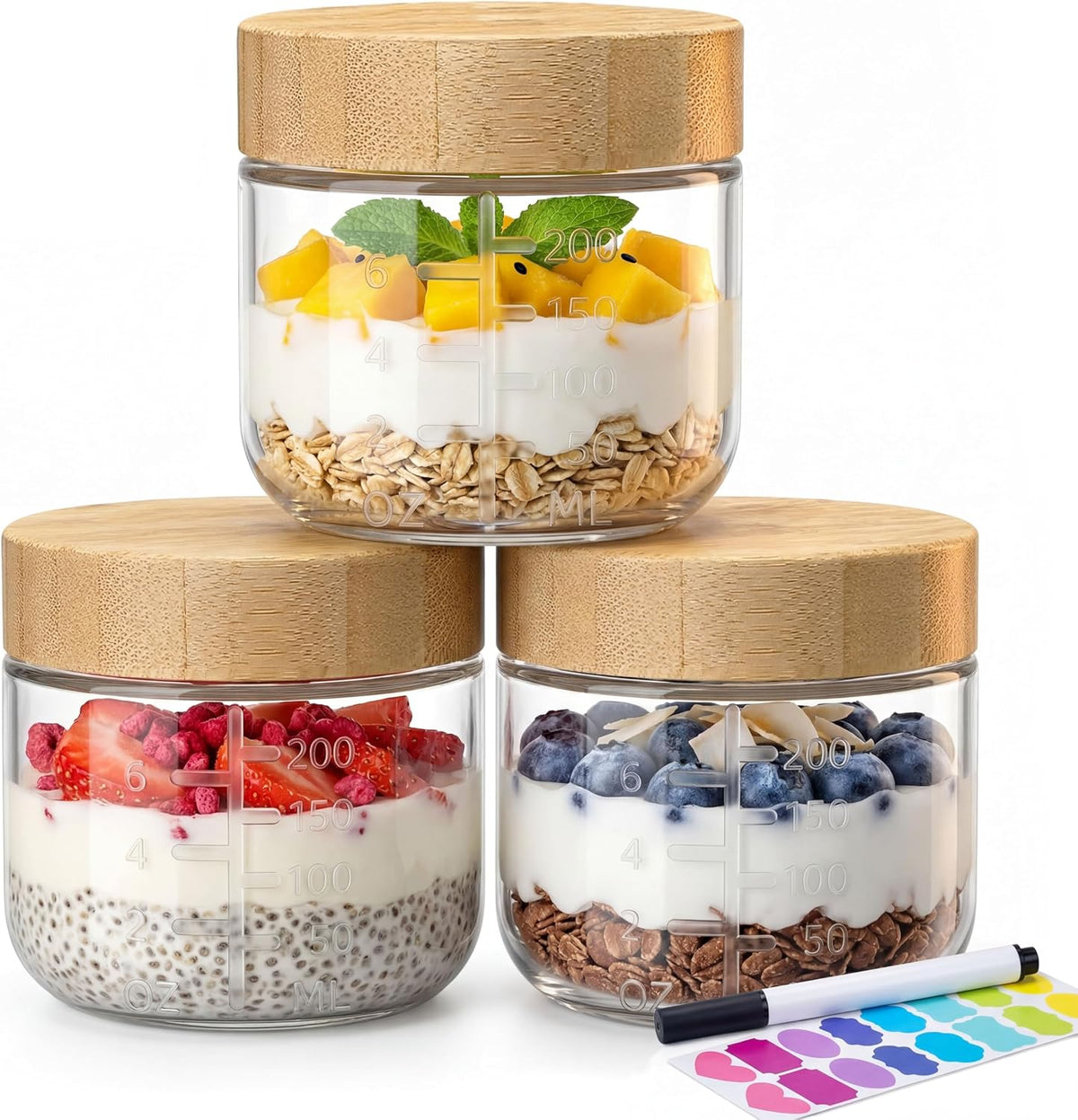8 oz Small Glass Jars with Bamboo Lids, Overnight Oats Containers, 3 Pack