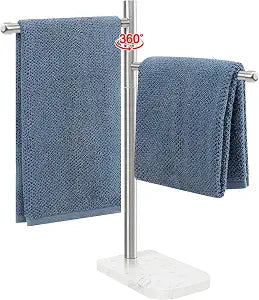 Hand Towel Holder, F-Shape Hand Towel Stand with Marble Base, Stainless Steel Swivel Hand Towel Rack Standing Towel Bar for Bathroom Kitchen Countertop, 2 Arms (Brushed Nickel)