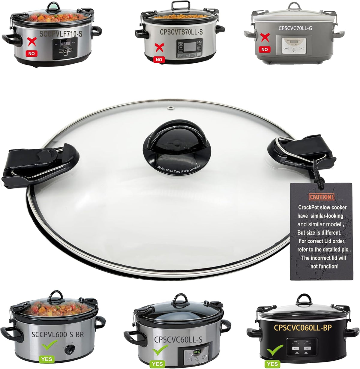6 Quart Oval Glass Lid Replacement for Slow Cooker, Compatible with Crock-Pot SCCPVL600-S-BR, CPSCV060LLBP, CPSCVC60LL-S, Clear Tempered Glass Lid with Handle