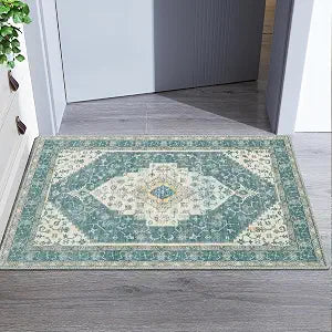 Garvee 2x3 Ft Boho Traditional Washable Area Rug,Vintage Medallion Print Carpet,Foldable Non-Shedding Floor Mat with Low Pile Non-Slip Rubber Backing for Dining Room Bedroom Living RoomGrey-Green