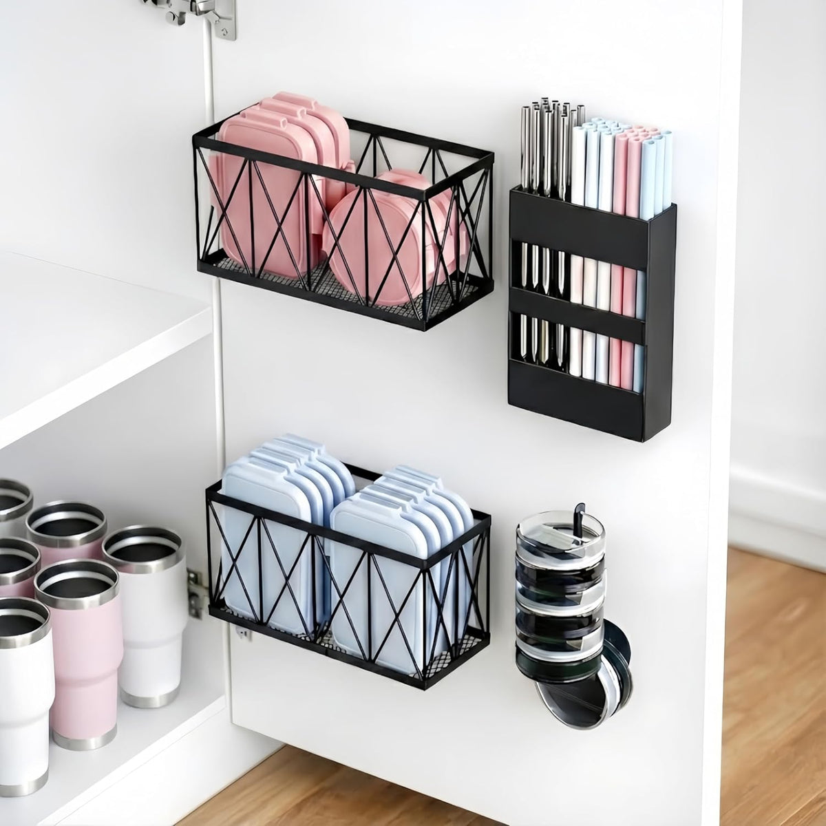 Cabinet Door Organizer Set for Lids and Straws, 4-Piece