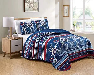 Luxury Home Collection 2 Piece Twin/Twin XL Oversized Quilted Reversible Coverlet Bedspread Bedding Set Coastal Sailing Ships Anchors Blue White Red Striped