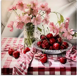 Summer Cherries and Florals, 24 x 24 Inch Canvas Wall Art