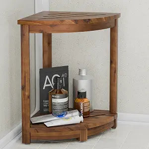 HOLANA 18" Wood Corner Shower Bench & Stool, Lower Shelf (Walnut Color)