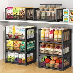 3 Pack Stackable Wire Baskets, Open Front Pantry Storage Bins for Pantry Organization and Storage, Space-Saving Snack and Vegetable Organizer, Ideal for Kitchen Essentials Canned Food Onion Potatoes