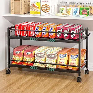 2-Tier Expandable Rolling Pantry Cart with Wheels, Adjustable Floor Organizer for Kitchen Pantry, Can Organizer for Pantry, Storage Cart for Snack, Food, Vegetables, Black, Patent Pending