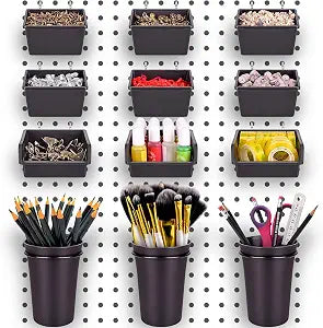 Pegboard Bins Cups with Hooks & Loops 12 Pack Peg Board Organizer (Black)