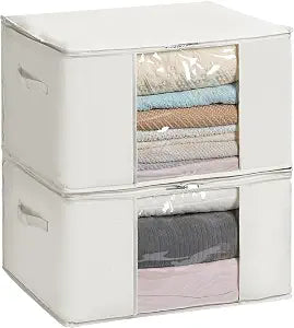 TYEERS Large Storage Bags with Zipper and Clear Window, Cotton Blended Fabric Storage Containers for Seasonal Clothes and Bedding, 23.6x15.7x13.8 Inches, 2-Pack, Beige