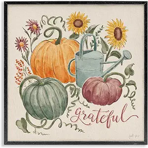 Grateful Floral Fall Pumpkins Farmhouse, 12 x 12 Inch Framed Gicle Print