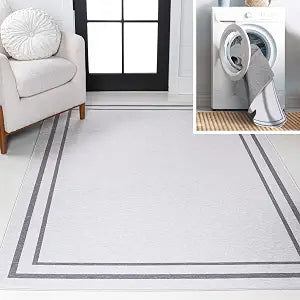 JONATHAN Y Machine Washable White/Gray Indoor Area Rug 3X5 ft, Sloane Classic 2-Stripe Border for Living Room, Bedroom, Kitchen, Office, Easy-Cleaning, Pet-Friendly, Non-Shedding WSH125B-3