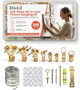 248 Pcs Picture Hanging Kit - Heavy Duty Hooks 10 to 100 lbs for Drywall, Hang Pictures, Frame, Mirror & Art Display, Hardware Tool Kit with Hook, Nails, Wire, Sawtooth Hangers, D Ring & Adhesive Dots