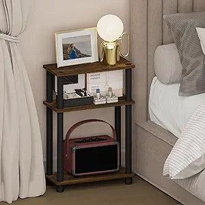 Furinno Turn-N-Tube Narrow Night Stand, 3-Tier Rectangular Nightstand with Storage Shelf, Slim Toolless Bedside Table, End Table, Side Table, for Bedroom, Closet, Dorm, Amber Pine