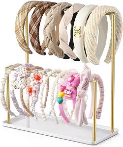 Headband Holder Organizer Metal with Tray for Hairbands & Necklaces, Gold