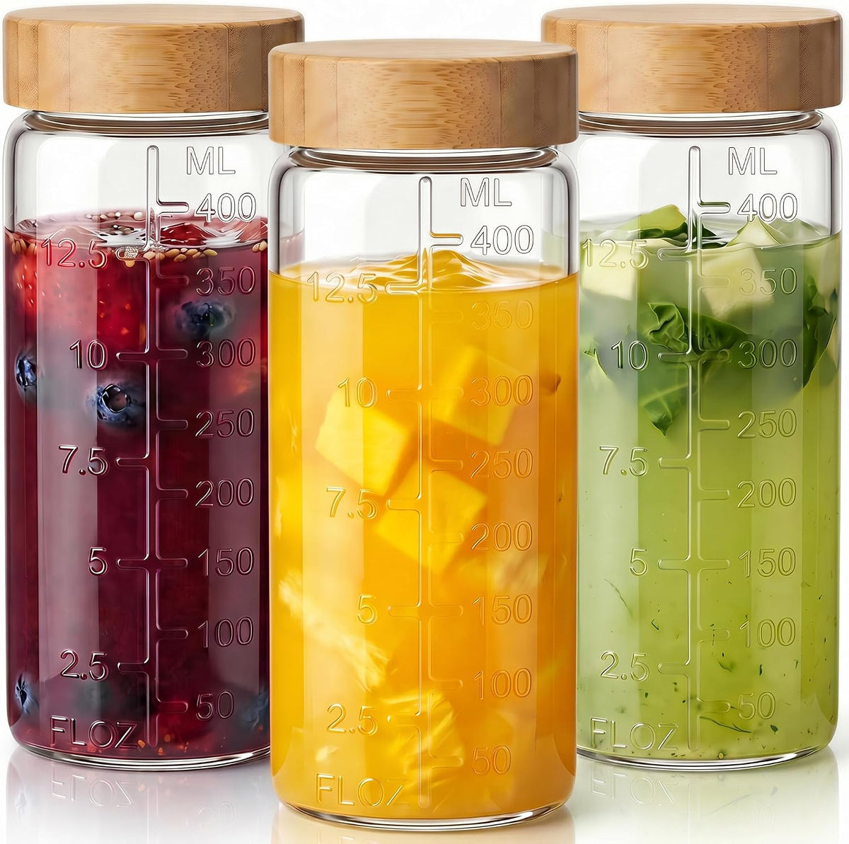 16 oz Round Glass Juice Bottles with Airtight Bamboo Lids, Reusable 3 Pack