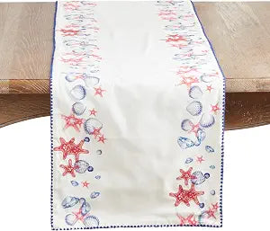 SARO LIFESTYLE Printed Coastal Shell & Starfish Table Runner  Non-Reversible Cotton Table Runner for Dining Tables, 16"x72"
