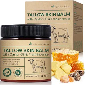 Tallow Frankincense Balm for Face/Body, 100% Grass-Fed Beef Tallow & Castor Oil & Frankincense Oil Moisturizer for Deeply Hydrating/Skin Barrier Repair/Lifting/Firming, Natural,4.2 Oz/120 G