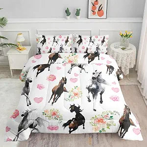 Datura home Watercolor Horse Comforter Bedding Set for Boys Girls Kids Teens,Watercolor Painting Horse and Rose Print,Light Color Comforter with 2 Pillowcases(Horse Floral Twin)