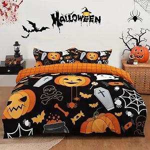 Xruibed Halloween Duvet Cover Twin Size, Skull Pumpkin Black Bedding Set