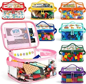8 Packs Large Toy Storage Bags with Name Tag& Manual Pocket, Reusable Clear PVC Toy Organizer Case with 3 Handles for Lego Bricks, Board Game, Building Blocks, Puzzle, Magnetic Tiles Colorful