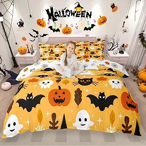 Halloween Decorations Duvet Cover Full Cartoon Pumpkin Comforter Cover Lantern Bedding Ghost Quilt Cover for Kids Boys Girls Bedroom Decor 3 Pcs Bedding Set (1 Duvet Cover 2 Pillow Cases) Orange