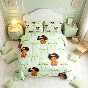 Manfei Cute Princess Comforter Set Full Size,Green Bowknot Marble Paint Bedding Set 3 Pcs for Teens Young,Fairy Tale Black Skin Girl Frog Crown Down Comforter,Green Duvet Insert,2 Pillowcases