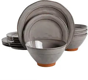 Gibson Elite Terranea Round Reactive Glaze Terra Cotta Dinnerware Set, Service for Four (12pcs), Grey