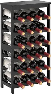 MOGELAFOO 6 Tier Bamboo Wine Rack Freestanding Floor, 24 Bottles Wine Storage Shelves with Table Top, Stackable Wine Display Rack for Kitchen, Bar, Dining Room, Black