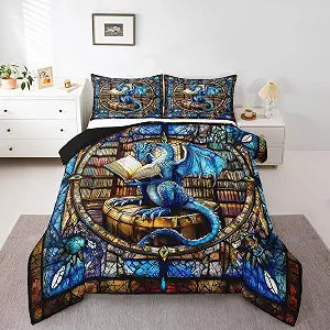Western Dragon Kids Comforter Set Full Size,Blue Dragon Reading Book Bookshelf Bedding Set,Boys Girls Room Decor,Geometric Patchwork Abstract Down Comforter,Trippy Chic Duvet Insert,2 Pillowcases