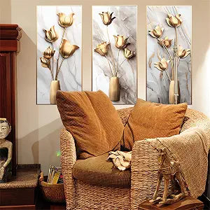 Golden Tulips Fake Flower Vase Wall Stickers 3D Floral Wall Decals