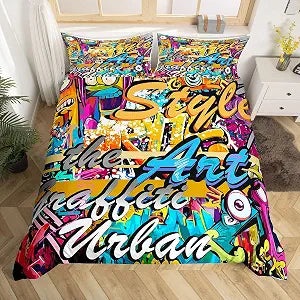 Feelyou Hippie Graffiti Comforter Cover Set Twin Size for Kids Boys Youth Duvet Cover Modern Bedclothes Wall Urban Street Art Bedspread Cover with 1 Pillow Shams Zipper&Ties Personalized
