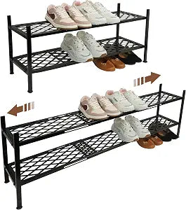 Long Expandable Metal Shoe Rack for Closet, Entryway, Garage, 2-Tier, Black