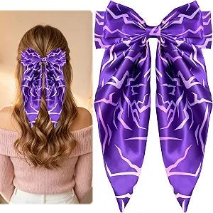 K-Style Demon Movie Hunters Hair Bows,Purple Demon Energy Hair Accessories for Girls, Oversized Hunters Satin Hair Bow Clips, Long Tail Silky Hair Ribbon Clips for Women Girls Fans