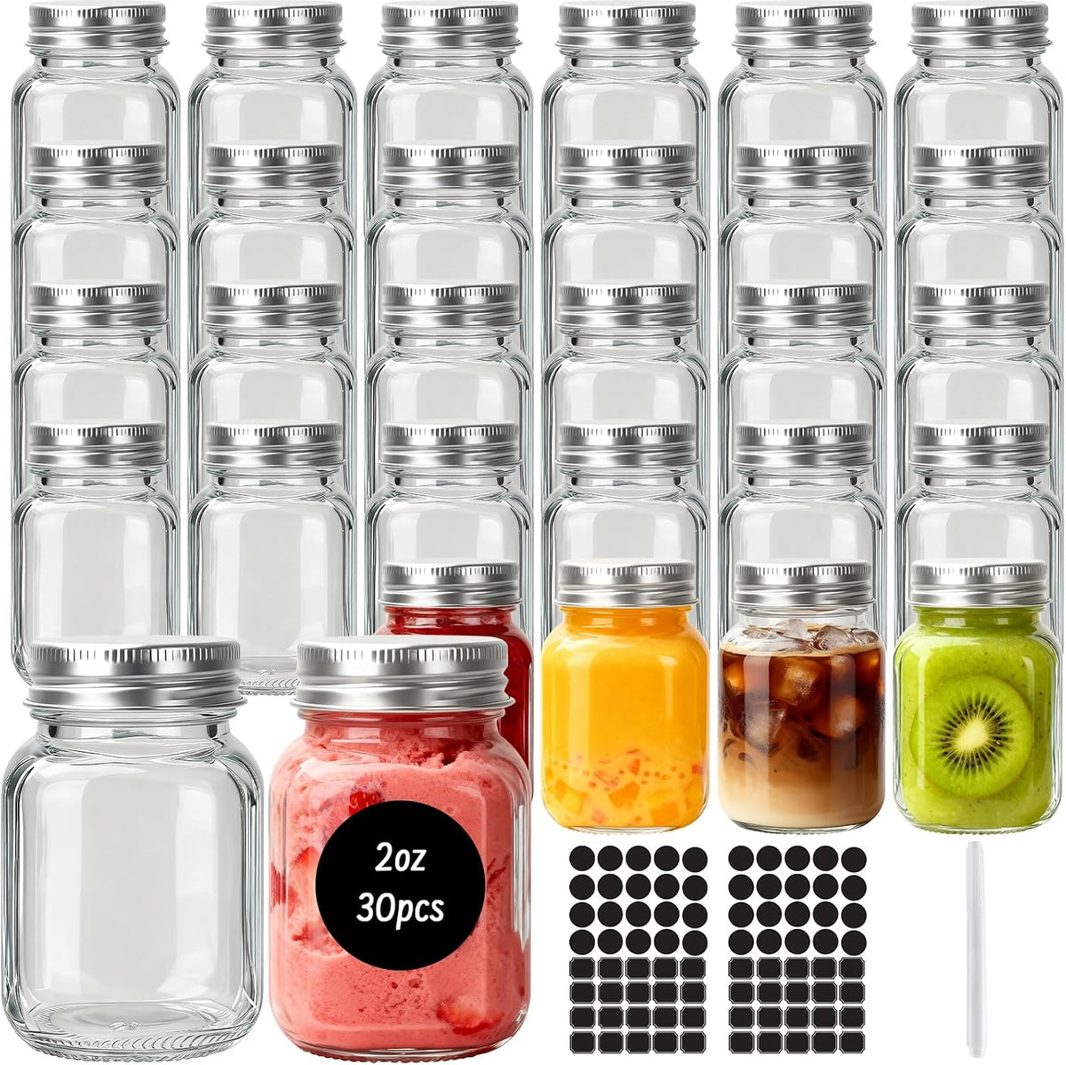 Betrome 30 Pack 2 oz Glass Mason Jars with Silver Lids, Mini Spice Jars