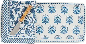 Mud Pie Block Print Tray And Towel; tray 6 1/2" x 14" | spreader 5 1/2" | towel 21" x 14"